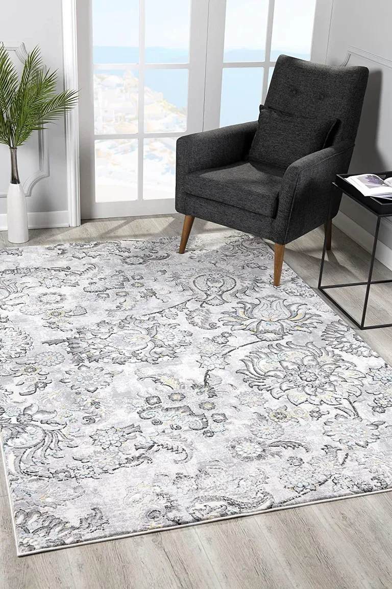 Grey Floral Power Loom Stain Resistant Area Rug Photo 5