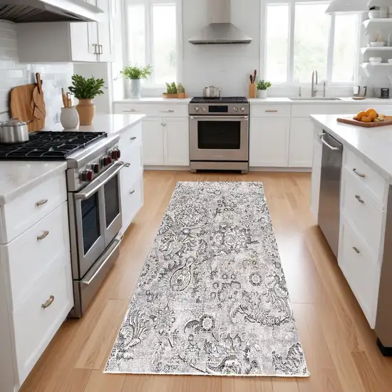 2' X 8' Grey Floral Power Loom Stain Resistant Area Rug Photo 1