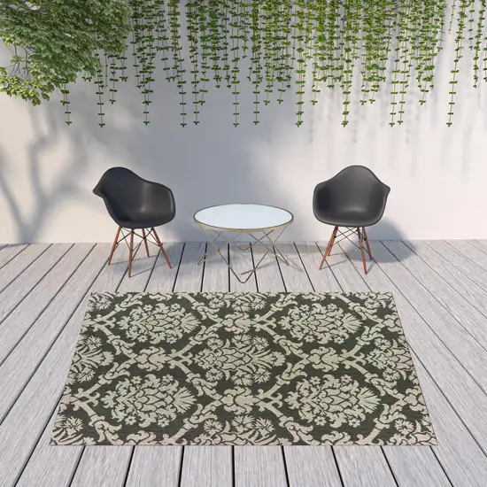 Grey Floral Stain Resistant Indoor Outdoor Area Rug Photo 2