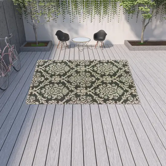 Grey Floral Stain Resistant Indoor Outdoor Area Rug Photo 2