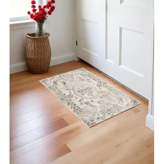 Gray Floral Vines Distressed Area Rug Photo 1