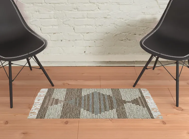 Grey Geometric Flatweave Handmade Stain Resistant Area Rug With Fringe Photo 2