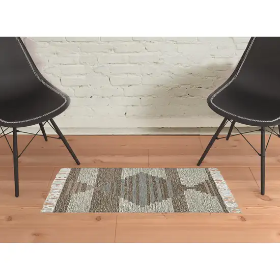 Grey Geometric Flatweave Handmade Stain Resistant Area Rug With Fringe Photo 2