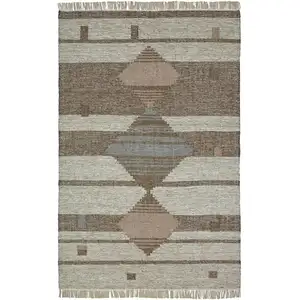 Photo of Grey Geometric Flatweave Handmade Stain Resistant Area Rug With Fringe