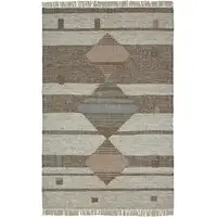 Photo of Grey Geometric Flatweave Handmade Stain Resistant Area Rug With Fringe