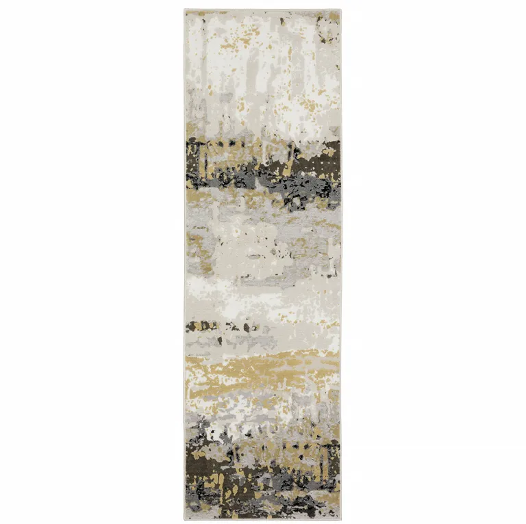 Grey Gold Beige Black And Brown Abstract Power Loom Stain Resistant Runner Rug Photo 1