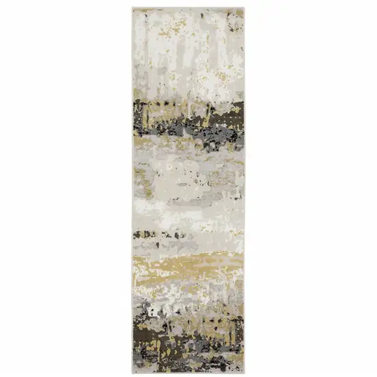 Grey Gold Beige Black And Brown Abstract Power Loom Stain Resistant Runner Rug Photo 1