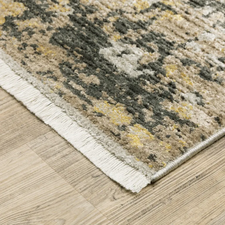 Grey Gold Black Charcoal And Beige Abstract Power Loom Stain Resistant Area Rug With Fringe Photo 4