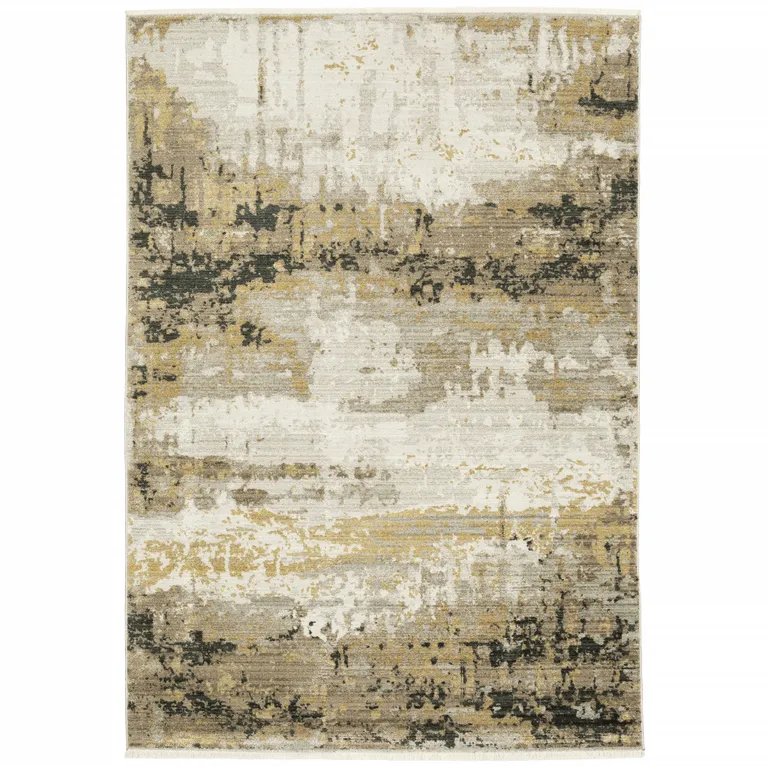 Grey Gold Black Charcoal And Beige Abstract Power Loom Stain Resistant Area Rug With Fringe Photo 1