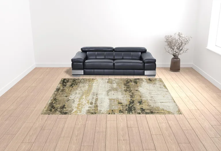 Grey Gold Black Charcoal And Beige Abstract Power Loom Stain Resistant Area Rug With Fringe Photo 2