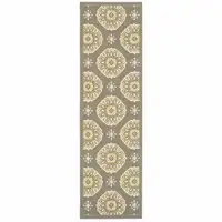 Photo of Grey Gold Floral Medallion Discs Indoor Outdoor Area Rug Runner Rug