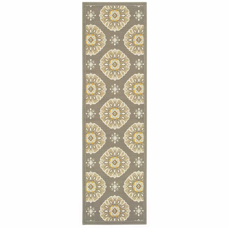 Grey Gold Floral Medallion Discs Indoor Outdoor Area Rug Runner Rug Photo 1