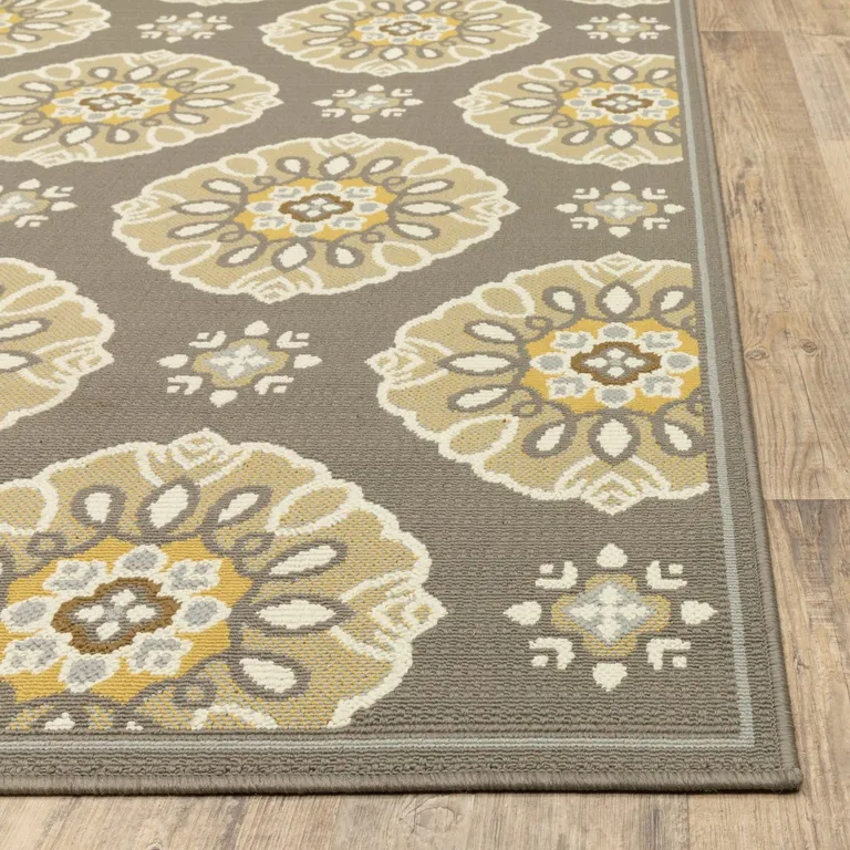 Grey Gold Floral Medallion Discs Indoor Outdoor Area Rug Runner Rug Photo 2