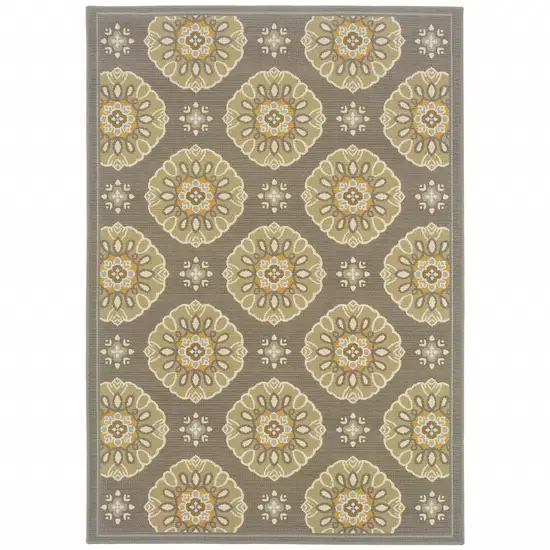 Grey Gold Floral Medallion Discs Indoor Outdoor Area Rug Photo 1