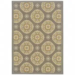 Photo of Grey Gold Floral Medallion Discs Indoor Outdoor Area Rug