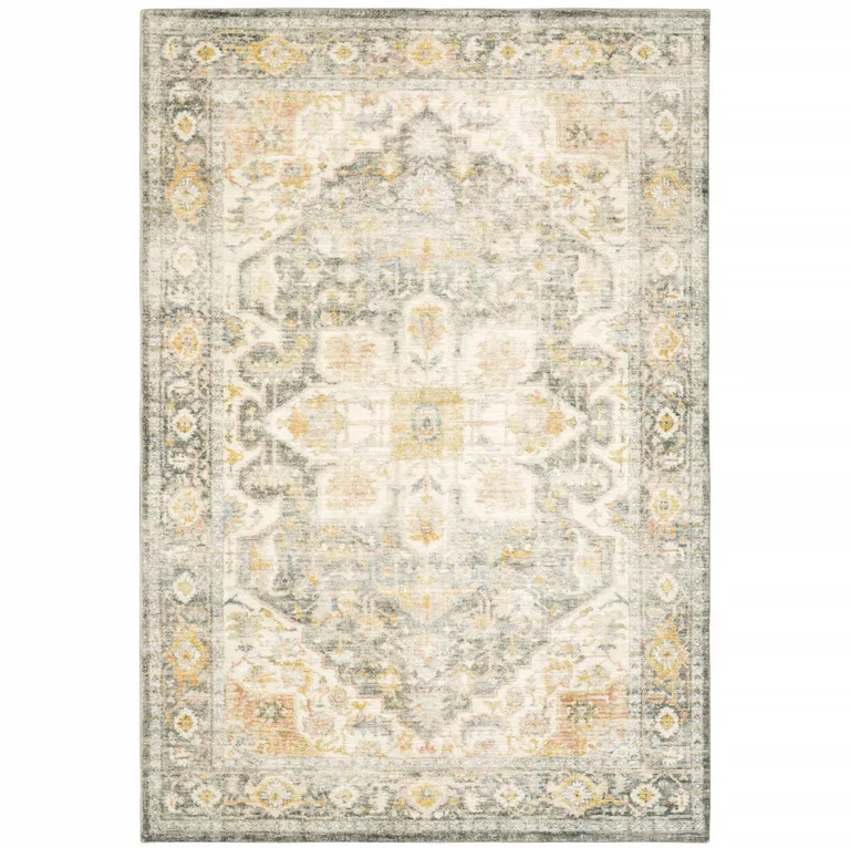 Grey Gold Orange And Ivory Oriental Power Loom Stain Resistant Area Rug Photo 2