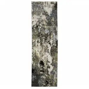 Photo of Grey Green Gold Blue And Beige Abstract Power Loom Stain Resistant Runner Rug