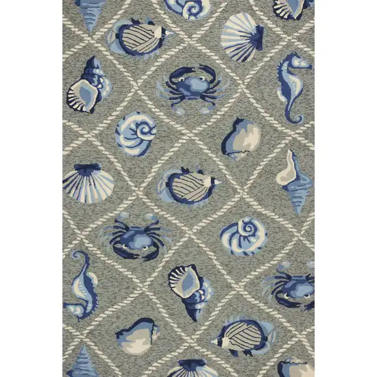 Grey Hand Hooked UV Treated Coastal Sea Life Indoor Outdoor Accent Rug Photo 1