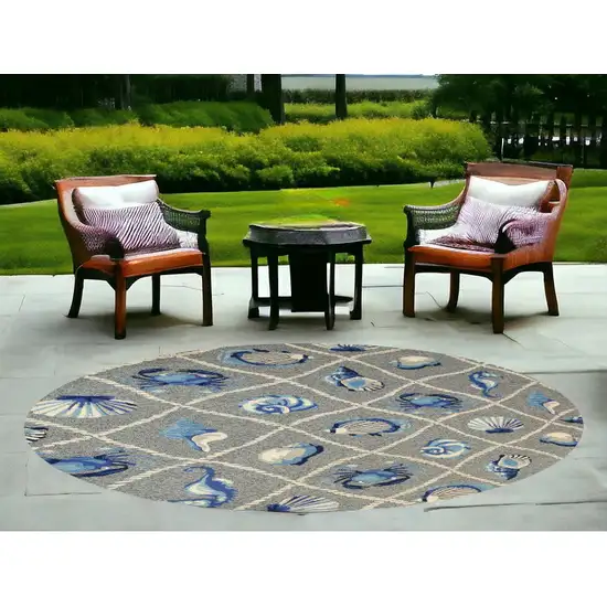 8' Grey Hand Hooked Uv Treated Coastal Sea Life Round Indoor Outdoor Area Rug Photo 2