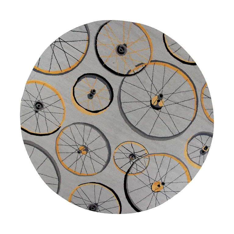 Grey Hand Hooked Wheels Round Indoor Area Rug Photo 1