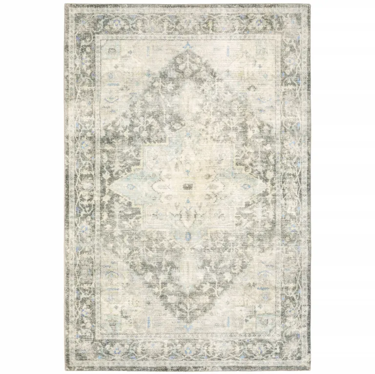 Grey Ivory And Blue Oriental Power Loom Stain Resistant Area Rug Photo 1