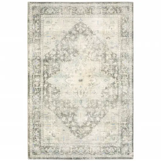 Grey Ivory And Blue Oriental Power Loom Stain Resistant Area Rug Photo 1