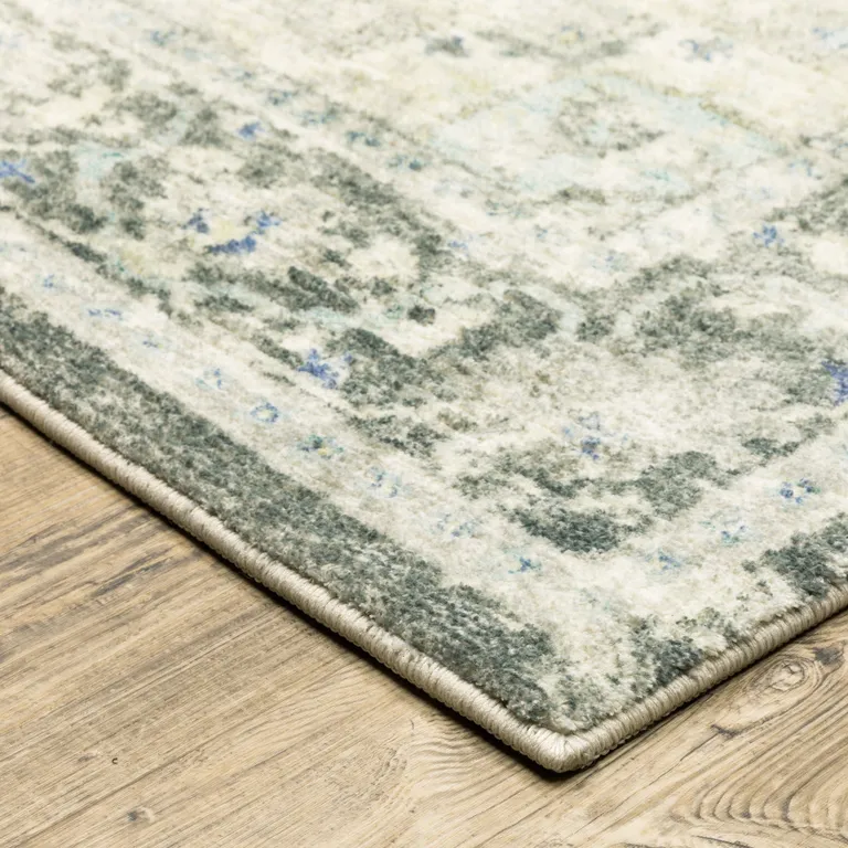 Grey Ivory And Blue Oriental Power Loom Stain Resistant Runner Rug Photo 3