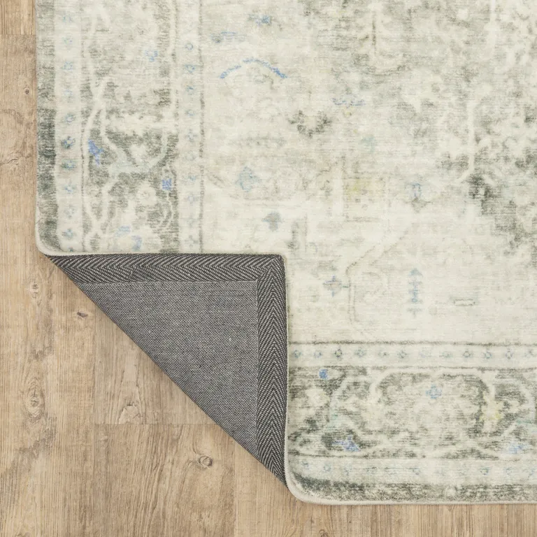 Grey Ivory And Blue Oriental Power Loom Stain Resistant Runner Rug Photo 5