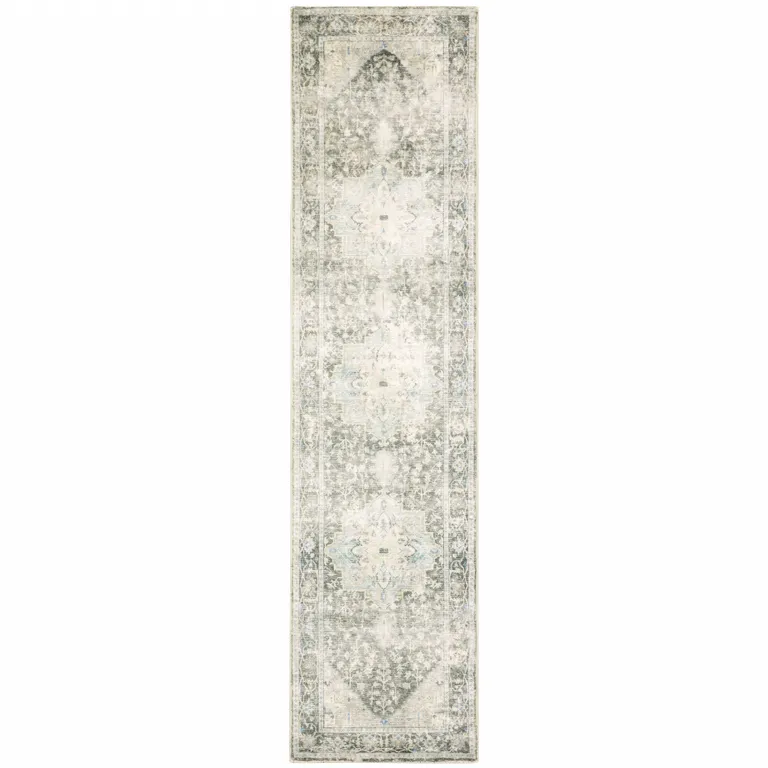 Grey Ivory And Blue Oriental Power Loom Stain Resistant Runner Rug Photo 1