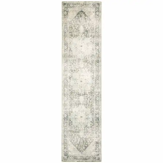 Grey Ivory And Blue Oriental Power Loom Stain Resistant Runner Rug Photo 1