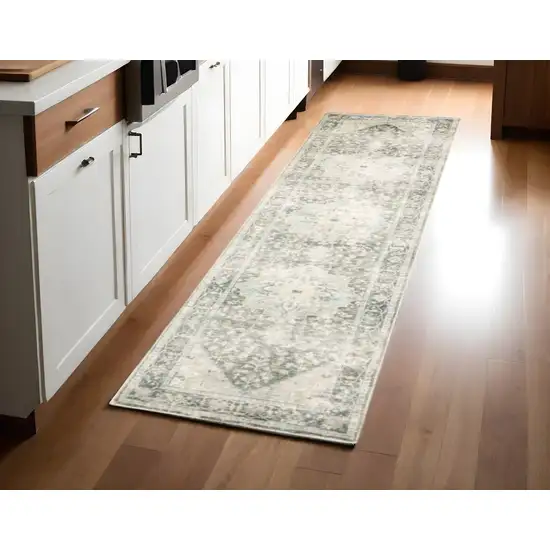 8' Gray and Ivory Oriental Power Loom Runner Rug Photo 1