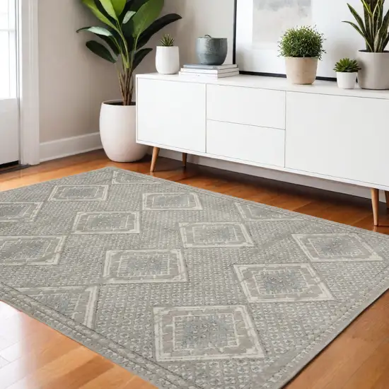 Grey Ivory And Blue Southwestern Power Loom Non Skid Area Rug Photo 1