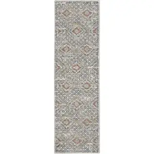 Photo of Grey Ivory And Blue Southwestern Power Loom Non Skid Runner Rug