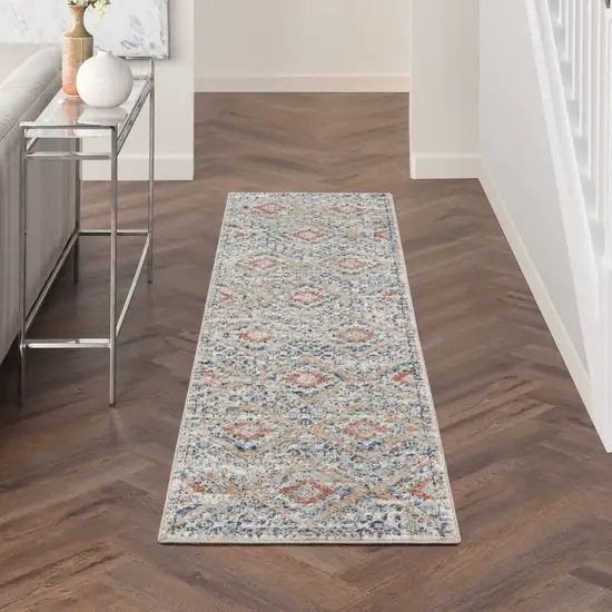 Grey Ivory And Blue Southwestern Power Loom Non Skid Runner Rug Photo 7