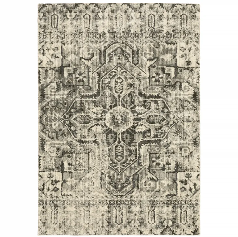 Grey Ivory And Brown Oriental Power Loom Stain Resistant Area Rug Photo 1