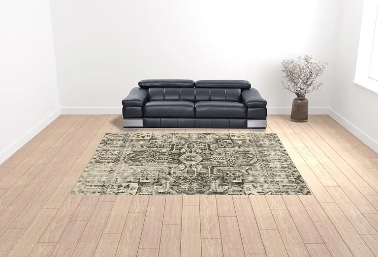 Grey Ivory And Brown Oriental Power Loom Stain Resistant Area Rug Photo 2