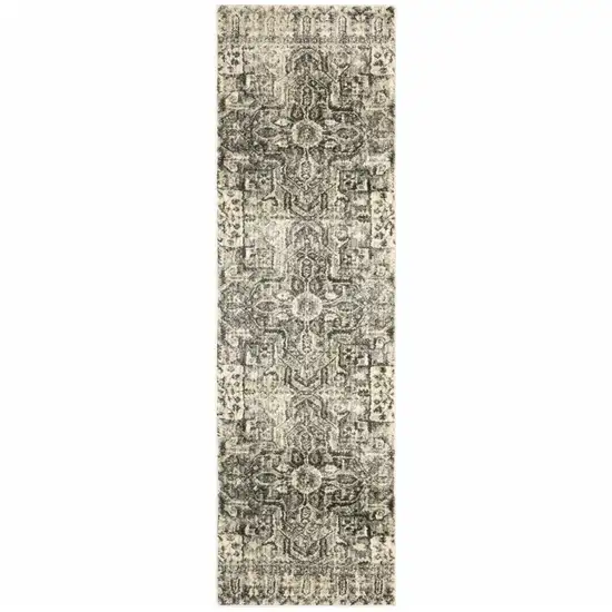 Grey Ivory And Brown Oriental Power Loom Stain Resistant Runner Rug Photo 1