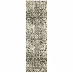 Photo of Grey Ivory And Brown Oriental Power Loom Stain Resistant Runner Rug