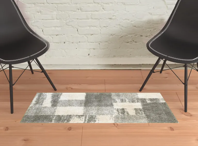 Grey Ivory And Silver Geometric Shag Power Loom Stain Resistant Area Rug Photo 2