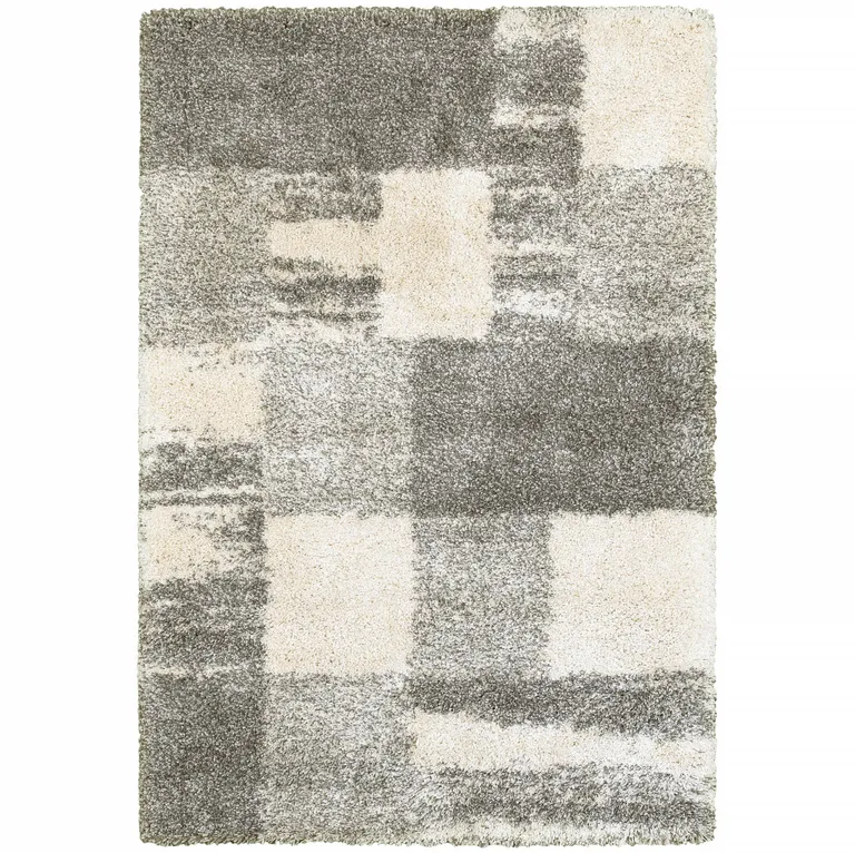 Grey Ivory And Silver Geometric Shag Power Loom Stain Resistant Area Rug Photo 1