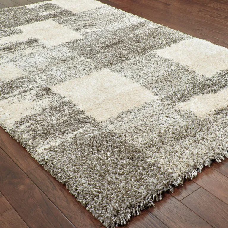 Grey Ivory And Silver Geometric Shag Power Loom Stain Resistant Area Rug Photo 4