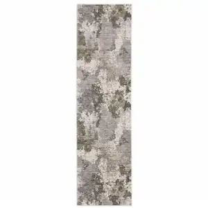 Photo of Grey Ivory Beige Tan Brown And Black Abstract Power Loom Stain Resistant Runner Rug