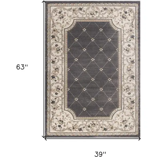 3'X5' Grey Ivory Bordered Floral Indoor Area Rug Photo 8