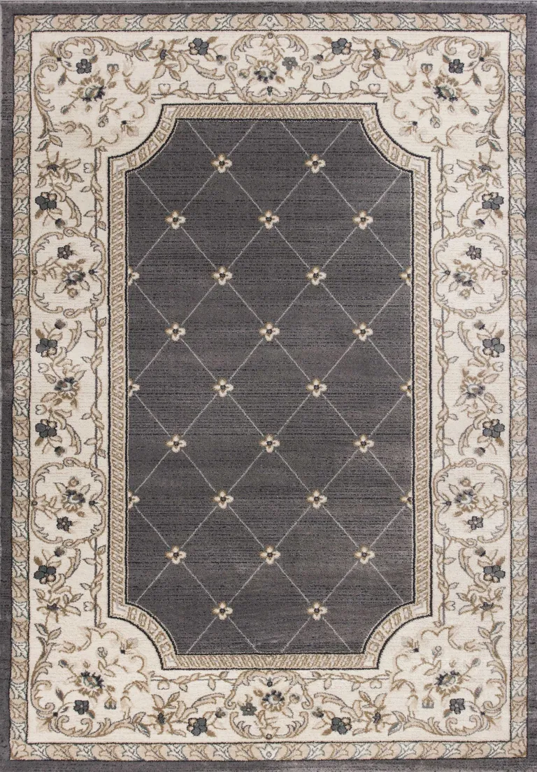 Grey Ivory Bordered Floral Indoor Area Rug Photo 1