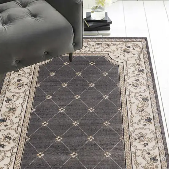 Grey Ivory Bordered Floral Indoor Area Rug Photo 4