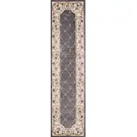 Photo of Grey Ivory Bordered Floral Indoor Runner Rug