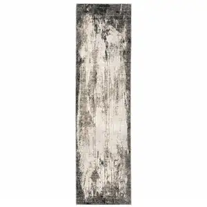 Photo of Grey Ivory Charcoal Tan Black And Beige Abstract Power Loom Stain Resistant Runner Rug