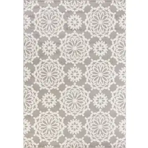 Photo of Grey Ivory Floral Machine Woven Polypropylene Area Rug