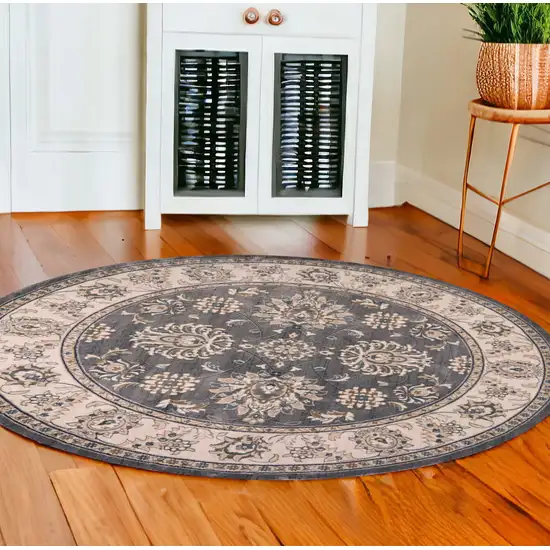 8' Gray And Ivory Round Floral Area Rug Photo 1