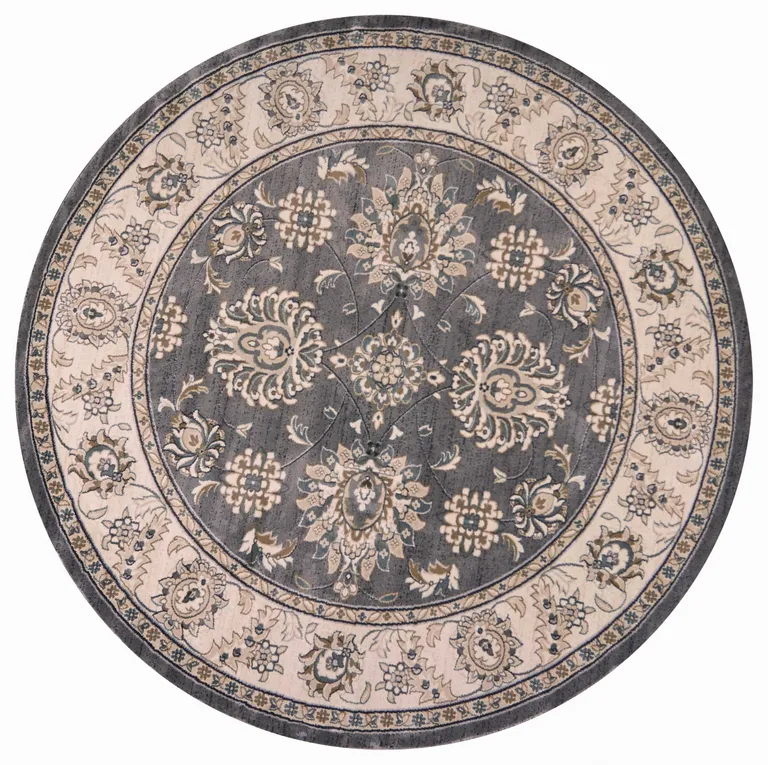 Grey Ivory Floral Round Indoor Area Rug Photo 1